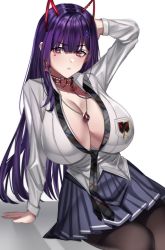 1girl absurdres akuma_nihmune akuma_nihmune_(1st_costume) black_necktie black_pantyhose blue_skirt breasts cleavage collarbone collared_shirt hand_on_own_head highres huge_breasts indie_virtual_youtuber jewelry long_hair looking_at_viewer lulanoon necklace necktie pantyhose pleated_skirt purple_eyes purple_hair shirt sidelocks skirt solo virtual_youtuber white_shirt
