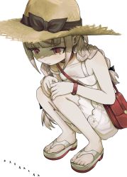 Rule 34 | 1girl, ant, bag, bangle, bare shoulders, belt collar, black bow, black ribbon, blunt bangs, blush, bow, bracelet, braid, bug, closed mouth, collar, collarbone, dress, full body, grey hair, hair ribbon, handbag, hands on own knees, hat, hat bow, highres, insect, jewelry, lace trim, long hair, looking down, mado (mado83893768), makaino ririmu, makaino ririmu (3rd costume), multicolored hair, nijisanji, no socks, platform sandals, pointy ears, red bag, red collar, red eyes, red hair, ribbon, sandals, shade, shoulder bag, sidelocks, simple background, sleeveless, sleeveless dress, solo, squatting, strap slip, straw hat, streaked hair, sundress, twin braids, virtual youtuber, white background, white dress, yellow hat