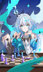 1girl absurdres bare_shoulders blue_eyes breasts bright_pupils cerydra_(honkai:_star_rail) chess_piece chessboard commentary commentary_request crown english_commentary grey_hair hair_intakes highres holding holding_chess_piece honkai:_star_rail honkai_(series) long_hair long_sleeves medium_breasts mini_crown mixed-language_commentary partial_commentary queen_(chess) rena_(rena_emc2) smile solo white_pupils