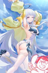 1boy 1girl absurdres alternate_costume arm_up armpits ass blue_archive blue_sky breasts cloud cloudy_sky commentary_request day doodle_sensei_(blue_archive) halo heart highres jacket large_breasts lazgear long_hair mixed-language_commentary noa_(blue_archive) one-piece_swimsuit one_eye_closed open_clothes open_jacket purple_eyes sensei_(blue_archive) sky swimsuit thighhighs thighs twisted_torso very_long_hair white_hair white_halo white_one-piece_swimsuit white_thighhighs yellow_jacket