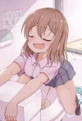 1girl aamondo bathroom black_socks blue_panties blush breasts brown_hair closed_eyes grey_skirt long_hair medium_breasts open_mouth original panties panties_around_one_ankle pee_stain peeing puddle relief school_uniform shirt short_sleeves sign sitting skirt smile socks stained_panties sweat tears toilet toilet_paper toilet_use underwear white_shirt