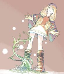 Rule 34 | 1girl, blonde hair, boots, closed mouth, dress, final fantasy, final fantasy tactics, full body, geomancer (fft), grass, green eyes, long hair, looking at viewer, michibata 65, skirt, solo, twintails, wide sleeves