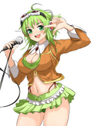 1girl :d artist_name breasts cleavage crop_top fingernails goggles goggles_on_head green_eyes green_hair green_nails green_shirt green_skirt gumi happy highres jacket looking_at_viewer medium_breasts microphone microphone_stand midriff music nail_polish navel open_mouth orange_jacket orange_thighhighs phaser_array red-tinted_eyewear shirt short_hair short_hair_with_long_locks simple_background singing skirt smile solo standing suspender_skirt suspenders teeth thighhighs tinted_eyewear underboob upper_teeth_only vocaloid white_background zettai_ryouiki