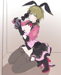 1girl absurdres animal_ears blonde_hair borrowed_clothes borrowed_hairstyle braid breasts cosplay english_text fake_animal_ears full_body highres holding holding_phone lop_rabbit_ears m4skedboi medium_breasts myroslava_bozhuk original phone rabbit_ears seiza short_hair sitting v