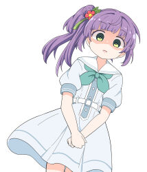 1girl aqua_neckerchief blue_dress cowboy_shot d: dress flower glaring green_eyes hair_bun hair_flower hair_ornament hasu_no_sora_school_uniform highres link!_like!_love_live! lone_nape_hair long_hair looking_at_viewer love_live! medium_dress miyamaki neckerchief open_mouth otomune_kozue pleated_dress puffy_short_sleeves puffy_sleeves purple_hair red_flower sailor_collar sailor_dress school_uniform shaded_face short_sleeves side_ponytail sidelocks simple_background single_side_bun solo split_mouth summer_uniform v_arms virtual_youtuber white_background white_sailor_collar