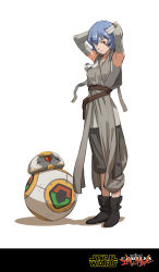 Rule 34 | armpits, arms behind head, arms up, ayanami rei, bandages, bb-8, blue hair, commentary, copyright name, cosplay, crossover, eva 00, highres, logo, name connection, neon genesis evangelion, one eye covered, pun, red eyes, rey (star wars), rey (star wars) (cosplay), short hair, solo, star wars, star wars: the force awakens, sunkist