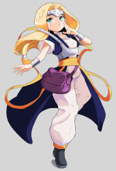 Rule 34 | 1girl, aqua eyes, armor, black shoes, blonde hair, blue robe, bracer, breastplate, choker, coco (coco469ma), commentary, dragon quest, dragon quest vi, floating hair, forehead protector, full body, grey background, hair tubes, highres, jewelry, long hair, looking to the side, low-tied long hair, metal hair tubes, mireyu, necklace, orange sash, orange socks, pants, parted hair, parted lips, purple bag, robe, shirt, shoes, silver choker, socks, solo, white pants, white shirt
