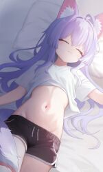 1girl ahoge animal_ear_fluff animal_ears black_shorts dolphin_shorts fox_ears fox_girl fox_tail highres leeleo_25 long_hair navel purple_hair purple_tail shirt shorts solo stellive tail tenko_shibuki two-tone_tail virtual_youtuber white_shirt