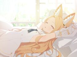 1girl animal_ear_fluff animal_ears armpits arms_up bird blonde_hair blue_archive blush bow breasts cross_halo detached_sleeves dress flower forehead fox_ears fox_girl game_cg gradient_eyes hair_flower hair_ornament halo highres indoors kokosando loli long-tailed_tit long_hair looking_at_viewer lying multicolored_eyes necktie official_art on_back on_bed open_mouth parted_bangs parted_lips pillow pink_eyes seia_(blue_archive) sleeve_bow sleeveless sleeveless_dress sleeves_past_fingers sleeves_past_wrists small_breasts solo tit_(bird) very_long_hair white_bird white_bow white_dress white_sleeves window yellow_bow yellow_halo