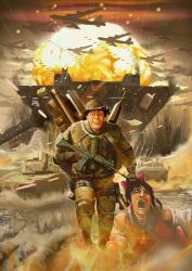 2boys aircraft airplane amisu assault_rifle b-52_stratofortress bad_id bad_pixiv_id bomb bomber caterpillar_tracks comiket commentary_request cosplay explosion explosive facial_hair fim-92_stinger gun hakurei_reimu hakurei_reimu_(cosplay) hat heavy_bomber high-explosive_anti-tank_(warhead) japanese_clothes kawamuraesi male_focus man-portable_air-defense_system man-portable_anti-tank_systems military military_vehicle missile_launcher motor_vehicle multiple_boys mustache outdoors panzerfaust_3 penetrator_(aircraft) recoilless_gun rheinmetall_rh-120 rifle rocket-propelled_grenade rocket_(projectile) rocket_launcher satire sky strategic_bomber tank tokyo_big_sight touhou type_90_(tank) vehicle war weapon