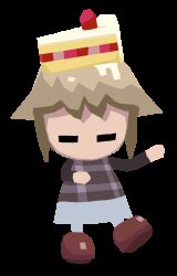 1girl animated animated_gif black_sweater blonde_hair blue_skirt brown_shoes cake cake_on_head cake_slice chibi chibi_only closed_eyes colinarmis commentary dancing english_commentary facing_viewer food food_on_head full_body highres long_sleeves looping_animation low_poly no_mouth object_on_head plaid_clothes plaid_vest purple_vest shoes short_hair sidelocks simple_background skirt solo strawberry_shortcake sweater transparent_background urotsuki vest yume_2kki