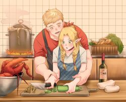 1boy 1girl apron blonde_hair blush boiling bottle bowl braid choker cooking cooking_pot counter cucumber cutting_board dungeon_meshi elf fire grabbing_another&#039;s_arm green_eyes hair_ribbon kettle knife laios_touden lobster long_hair looking_down mandrake_(dungeon_meshi) marcille_donato open_mouth pointy_ears ribbon short_hair smile table twin_braids upper_body yellow_eyes