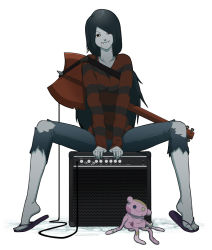 adventure_time amplifier axe bass_guitar cartoon_network gb_(doubleleaf) instrument marceline_abadeer torn_jeans sandals shirt sitting smile striped_clothes striped_shirt stuffed_animal stuffed_toy two-tone_stripes weapon