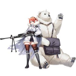 1girl animal antenna_hair armored_boots armored_gloves bag bear belt bipod black_bag black_belt black_boots black_gloves blue_eyes boots breasts brown_thighhighs buttons cape check_weapon claws closed_mouth coat d-log double-breasted earmuffs full_body fur-trimmed_coat fur-trimmed_hood fur_trim gloves gluteal_fold gun high_collar highres holding holding_gun holding_weapon hood knee_boots knee_pads last_origin legs_apart light_machine_gun looking_at_viewer machine_gun medium_breasts mole mole_on_ass multicolored_coat official_art orange_hair partially_unzipped pixie_(last_origin) polar_bear pouch ryan_(last_origin) scope short_hair shoulder_bag simple_background sitting skindentation smile solo standing tachi-e thick_thighs thigh_pouch thighhighs thighs third-party_source torn_cape torn_clothes transparent_background trigger_discipline two-tone_coat v-shaped_eyebrows waving_arm weapon weapon_request white_cape white_coat white_fur zettai_ryouiki