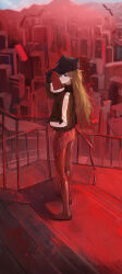 1girl absurdres ass black_hat blue_eyes brown_hair building city closed_mouth evangelion:_3.0_you_can_(not)_redo full_body hand_in_pocket hand_on_headwear hat highres jacket jianjia long_hair looking_at_viewer mecha_pilot_suit neon_genesis_evangelion plugsuit_(evangelion) railing rebuild_of_evangelion red_background solo souryuu_asuka_langley stairs standing track_jacket very_long_hair