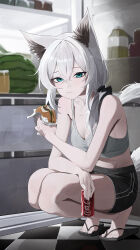 1girl absurdres animal_ear_fluff aqua_eyes armpits black_bow bow breasts burger can checkered_floor cleavage closed_mouth coca-cola collarbone commentary_request crossed_arms crossed_bangs double-parted_bangs drink_can eating expressionless eyelashes flip-flops food fruit full_body grey_sports_bra hair_between_eyes hair_bow hair_over_shoulder highres holding holding_burger holding_can holding_food jar large_breasts long_bangs long_hair looking_at_viewer navel no_shirt original re_naya refrigerator sandals side_ponytail soda soda_can sports_bra squatting tail toenails toes watermelon white_hair