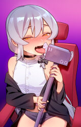 1boy asmr_microphone bad_tag ear_licking femboy grey_hair highres ikr_(artist) licking long_hair tongkkangi tongkkangi_(streamer) trap virtual_youtuber
