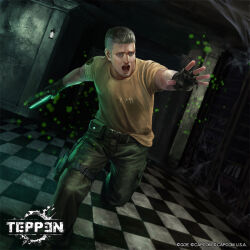 1boy blonde_hair book bookshelf capcom checkered_floor fingerless_gloves gloves gun hair_slicked_back handgun holster leg_holster official_art open_mouth osanai_yusuke panic pistol police police_uniform resident_evil richard_aiken running silk spider_web teeth teppen tile_floor tiles tongue weapon