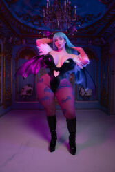 1girl animal_print bat_print bat_wings bishoujomom boots breasts capcom cosplay curvy darkstalkers female_focus full_body green_eyes green_hair huge_breasts lips long_hair morrigan_aensland morrigan_aensland_(cosplay) narrow_waist real_life solo thick_thighs thighs wide_hips wings