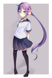 1girl akebono_(kancolle) bell black_sailor_collar black_skirt black_thighhighs border flower full_body grey_background hair_bell hair_ornament highres jingle_bell kantai_collection long_hair outside_border pink_flower purple_eyes sailor_collar school_uniform serafuku shirt short_sleeves side_ponytail sidelocks simple_background skirt solo standing thighhighs very_long_hair white_border white_shirt woundandon