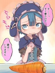 Rule 34 | 1boy, blue capelet, blue eyes, blue hair, capelet, carrot, highres, looking at viewer, made in abyss, maid headdress, male focus, maruruk, open mouth, short hair, solo, translation request, trap, ximu shilang