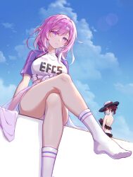 2girls bikini black_bikini breasts brown_hair clothes_writing crossed_legs diamond-shaped_pupils diamond_(shape) eden_(honkai_impact) elf elysia_(herrscher_of_human:_ego)_(honkai_impact) elysia_(honkai_impact) elysia_(summer_2024)_(honkai_impact) feet hat highres honkai_(series) honkai_impact_3rd large_breasts looking_at_viewer multiple_girls no_shoes official_alternate_costume pink_hair pointy_ears purple_eyes setsu_(qjsj1993aa) shirt short_hair sitting socks sun_hat swimsuit symbol-shaped_pupils thighs tied_shirt two-tone_shirt white_socks