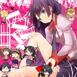 &gt;_&lt; 2boys 6+girls ahoge animal_ears araragi_koyomi backpack bag bakemonogatari beard black_hair blonde_hair blue_eyes braid breasts brown_eyes brown_hair cat_ears cat_tail chibi closed_eyes donut dress efe facial_hair food glasses goggles goggles_on_head hachikuji_mayoi hair_ornament hair_ribbon hairclip hanekawa_tsubasa hanging juliet_sleeves kanbaru_suruga kemonomimi_mode long_hair long_sleeves mini_person miniboy minigirl monogatari_(series) multiple_boys multiple_girls necktie oshino_meme oshino_shinobu pince-nez pink_dress puffy_sleeves purple_eyes purple_hair ribbon school_uniform seiza sengoku_nadeko senjougahara_hitagi shirt short_hair sitting skirt sleeveless sleeveless_dress smile stapler tail tongue tongue_out twin_braids twintails very_long_hair
