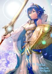 Rule 34 | 1girl, armor, armored dress, bare shoulders, binding shield, blue cape, blue eyes, blue hair, breastplate, breasts, cape, closed mouth, commission, commissioner name, cosplay, dating, detached sleeves, dress, expressionless, falchion (fire emblem), feet out of frame, female morgan (fire emblem), fire emblem, fire emblem awakening, fire emblem cipher, fujikawa akira, fur-trimmed cape, fur trim, holding, holding shield, holding sword, holding weapon, lucina (fire emblem), lucina (fire emblem) (cosplay), lucina (hope-ruling queen) (fire emblem), medium breasts, nintendo, second-party source, shield, short hair, signature, solo, sword, tiara, weapon
