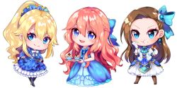 Rule 34 | 3girls, akuyaku reijou nano de last boss wo kattemimashita, akuyaku reijou wa ringoku no outaishi ni dekiai sareru, blonde hair, blue dress, blue eyes, braid, brown hair, chibi, crossover, dress, female focus, french braid, full body, irene loren d&#039;authrice, katarina claes, long hair, looking at viewer, multiple crossover, multiple girls, otome game no hametsu flag shika nai akuyaku reijou ni tensei shite shimatta, outfit connection, simple background, tiarose lapis clementille, trait connection, yuma (pixiv38148735)