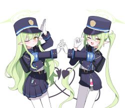 Rule 34 | 2girls, ;d, absurdres, armband, bag, belt, black tail, blue archive, blue armband, buttons, demon tail, double-breasted, earrings, fang, fellatio gesture, green hair, green halo, halo, hat, highres, hikari (blue archive), interlocked fingers, jewelry, multiple girls, nord (expc4752), nozomi (blue archive), one eye closed, open mouth, pantyhose, peaked cap, pointy ears, siblings, simple background, single earring, sisters, skin fang, smile, tail, twins, white background, white pantyhose