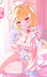 1girl ahoge animal_ear_fluff animal_ears bed_sheet belt blood blood_bag blush breasts cat_ears cat_girl cleavage commission gloves hair_ornament hairclip hat highres jacket kemomimi_refle! kneeling large_breasts licking_lips long_sleeves looking_at_viewer meercat_dayo midriff miniskirt navel necktie nekoma_karin nurse nurse_cap on_bed pantyhose ribbon shrug_(clothing) skeb_commission skirt smile solo thighhighs thighs tongue tongue_out virtual_youtuber white_gloves white_thighhighs