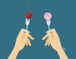 blue_background blush_stickers chocolate_syrup colored_skin food fork fruit gulicina holding holding_fork kirby kirby_(series) nintendo pink_skin signature simple_background sprinkles strawberry