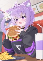 1girl :3 :d absurdres ahoge ai_(u_e_o_o) animal_collar animal_ear_fluff animal_ears black_collar black_hoodie blurry blurry_background burger cat_ears cat_girl cat_tail collar commentary_request cropped_hoodie crossed_bangs cup disposable_cup double-parted_bangs fast_food food food_print french_fries hair_between_eyes highres holding holding_burger holding_food hololive hood hoodie indoors long_sleeves messy_hair nekomata_okayu nekomata_okayu_(1st_costume) okanyan_(nekomata_okayu) onigiri_print open_mouth purple_eyes purple_hair restaurant short_hair sleeves_past_wrists smile solo_focus tail upper_body virtual_youtuber