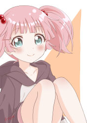 Rule 34 | aqua eyes, blunt bangs, border, brown hoodie, closed mouth, collarbone, feet out of frame, hair bobbles, hair ornament, hood, hoodie, knees, knees up, light blush, long sleeves, looking at viewer, machiyama akane, orange background, outside border, pink hair, short hair, signature, simple background, sitting, smile, twintails, white border, yoshikawa chinatsu, yuru yuri