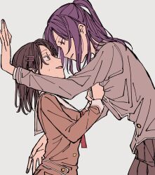 2girls bang_dream! black_hair blue_eyes brown_dress brown_skirt clothes_pull commentary dress eye_contact grey_jacket hair_ornament hairclip hanasakigawa_school_uniform haneoka_school_uniform highres jacket jacket_pull kabedon long_sleeves looking_at_another medium_hair multiple_girls neck_ribbon o_o_00 okusawa_misaki open_mouth parted_lips purple_hair red_eyes red_ribbon ribbon sailor_collar sailor_dress school_uniform seta_kaoru skirt sweatdrop white_sailor_collar yuri