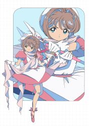1girl absurdres ballet_slippers bow bracelet brooch brown_hair cardcaptor_sakura closed_mouth commentary cosplay dress edoya_inuhachi flower_brooch full_body fuuin_no_tsue gloves green_eyes grid_background hair_intakes hat highres holding holding_wand jewelry kinomoto_sakura looking_at_viewer looking_to_the_side magical_girl medium_hair multiple_views nurse_angel nurse_angel_(cosplay) nurse_angel_ririka_sos nurse_cap parted_lips pink_bow pink_dress pink_hat pink_scarf pink_shoes puffy_short_sleeves puffy_sleeves scarf shoes short_sleeves smile standing wand white_background white_gloves