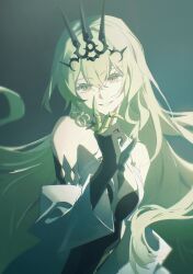 1girl bare_shoulders black_background black_dress black_gloves black_tiara breasts center_opening claws dress earrings elbow_gloves gloves green_eyes hair_between_eyes highres honkai_(series) honkai_impact_3rd jewelry lab_coat long_hair looking_at_viewer mobius_(honkai_impact) ouroboros slit_pupils small_breasts smile spikes tcuas tiara upper_body very_long_hair