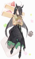1girl ahoge amano_kokoko animal_ears belt black_hair cake cup earrings food footprints fruit hair_between_eyes highres holding horse_ears horse_girl horse_tail jewelry long_bangs long_hair long_sleeves looking_at_viewer manhattan_cafe_(umamusume) mug multicolored_hair official_alternate_costume shirt single_earring skirt solo strawberry tail umamusume white_hair yellow_eyes