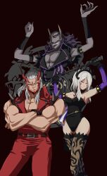 1girl 2boys absurdres aversa_(fire_emblem) belt black_background book commission commissioner_upload cosplay dark-skinned_female dark_skin double_dragon facial_mark facial_tattoo fake_horns fire_emblem fire_emblem_awakening helmet highres horned_helmet horns kunio-kun_series multiple_boys nintendo non-web_source sakurajyousui_nami shoulder_spikes sleeveless sleeveless_jacket spikes tattoo thighhighs tiara validar_(fire_emblem) walhart_(fire_emblem) whip white_hair