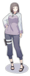 1girl arched_bangs black_hair black_pants black_sandals boruto:_naruto_next_generations c-eye closed_mouth commentary forehead_protector full_body hand_on_own_hip highres hyuuga_hinata jacket konohagakure_symbol long_sleeves looking_at_viewer naruto_(series) naruto_shippuuden no_pupils outline pants purple_jacket sandals short_hair smile solo standing symbol-only_commentary white_background white_eyes white_outline