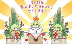 Rule 34 | 1boy, 2021, 2others, bamboo, commentary request, enkidu (fate), fate/grand order, fate (series), folding fan, food, food on head, fruit, green eyes, green hair, hand fan, himeko (nico6v6pachi), kingu (fate), mandarin orange, multiple others, multiple persona, object on head, purple eyes, robe, translation request, white robe