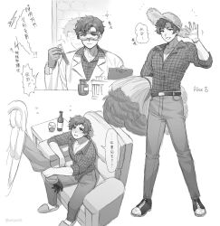 1boy alex_(degrees_of_lewdity) alex_(male)_(degrees_of_lewdity) armchair artist_name belt bottle chair collared_shirt degrees_of_lewdity gloves goggles greyscale hat highres holding holding_vial monochrome multiple_views pants plaid_clothes plaid_shirt shirt shoes short_hair sitting standing straw_hat translation_request vial whowjr