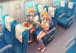 above_clouds ahoge airplane_interior aqua_eyes bare_shoulders bass_clef belt belt_buckle bento blonde_hair bow breasts buckle chopsticks cloud detached_sleeves double_v eating embarrassed fang grey_leg_warmers grey_sailor_collar grey_shorts grey_sleeves hair_between_eyes hair_bow hair_ornament hairclip headphones headphones_removed headset headset_removed highres holding holding_chopsticks hunched_over kagamine_len kagamine_rin leg_warmers looking_at_viewer midriff namazakana_yeah navel neckerchief necktie one_eye_closed plastic_bottle ponytail sailor_collar shirt short_ponytail short_sleeves shorts sitting skin_fang sleeveless sleeveless_shirt small_breasts surprised swept_bangs treble_clef v vocaloid white_bow white_footwear yellow_belt yellow_neckerchief yellow_necktie
