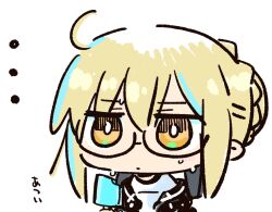 ... 1girl artoria_pendragon_(fate) black-framed_eyewear black_jacket blonde_hair blush braid chibi closed_mouth commentary_request fate/grand_order fate_(series) food glasses hair_between_eyes hair_bun holding holding_food jacket kasuga_yuuki lowres mysterious_heroine_x_alter_(fate) off_shoulder open_clothes open_jacket orange_eyes popsicle semi-rimless_eyewear shirt simple_background solo sweat translation_request under-rim_eyewear upper_body white_background white_shirt