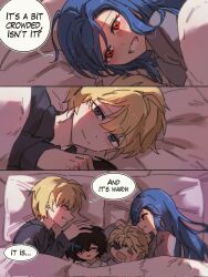 2boys 2girls 3koma aged_down bed bed_sheet black_hair blonde_hair blue_eyes blue_streaks blush child comic commentary dizzy_(guilty_gear) drooling english_commentary english_text eyepatch family father_and_daughter father_and_son guilty_gear guilty_gear_strive guilty_gear_strive:_dual_rulers headpat highres husband_and_wife ky_gwangin ky_kiske long_hair looking_at_another lying mother_and_daughter mother_and_son multicolored_hair multiple_boys multiple_girls on_back on_side pillow red_eyes resting saliva sin_kiske smile speech_bubble streaked_hair unika_(guilty_gear)