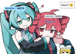Rule 34 | + +, 3girls, ahoge, aqua eyes, aqua hair, aqua necktie, armpit crease, black eyes, black sleeves, blonde hair, breast pocket, buttons, character name, collared shirt, detached sleeves, double-parted bangs, drill hair, english text, grey shirt, hand on another&#039;s face, hatsune miku, headphones, headset, highres, kagamine rin, kasane teto, kasane teto (utau), looking at another, looking at viewer, microphone, morizo (morizoshop), multiple girls, necktie, pocket, pout, red eyes, red hair, shirt, simple background, sleeveless, sleeveless shirt, solid circle eyes, sweatdrop, twin drills, twintails, upper body, utau, vocaloid, white background, wing collar