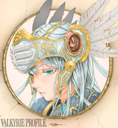 1girl armor blue_armor blue_eyes blue_hair circle denjyou23 feathers helmet lenneth_valkyrie long_hair looking_to_the_side portrait solo valkyrie valkyrie_profile_(series)