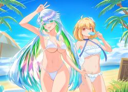 2girls absurdres arcueid_brunestud arcueid_brunestud_(dazzling_moon) arcueid_brunestud_(mooncancer) bare_shoulders beach beach_umbrella bikini blonde_hair blue_hair blue_ribbon blue_sky blush braid breasts cleavage colored_inner_hair eating fate/grand_order fate_(series) flower food green_eyes green_hair hair_flower hair_ornament highres kaworu13 kukulkan_(fate) large_breasts long_hair looking_at_viewer multicolored_hair multiple_girls navel neck_ribbon open_mouth palm_tree popsicle red_eyes ribbon shore short_hair sidelocks sky smile swimsuit thighs tree umbrella white_bikini