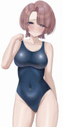1girl absurdres arimura_mao blue_eyes blue_one-piece_swimsuit blush breasts brown_hair closed_mouth collarbone commentary_request covered_navel cowboy_shot gakuen_idolmaster gluteal_fold highres idolmaster large_breasts looking_at_viewer makise_(mix020511) one-piece_swimsuit short_hair simple_background solo swimsuit thighs wet wet_clothes wet_swimsuit white_background