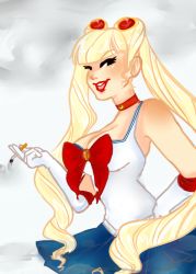 1girl adapted_costume bishoujo_senshi_sailor_moon blonde_hair bow breasts choker cigarette cleavage earrings facial_mark female_focus forehead_mark gloves hand_on_own_hip jewelry lipstick long_hair makeup pathesisx sailor_moon smile smoking solo tsukino_usagi twintails victory_rolls white_gloves